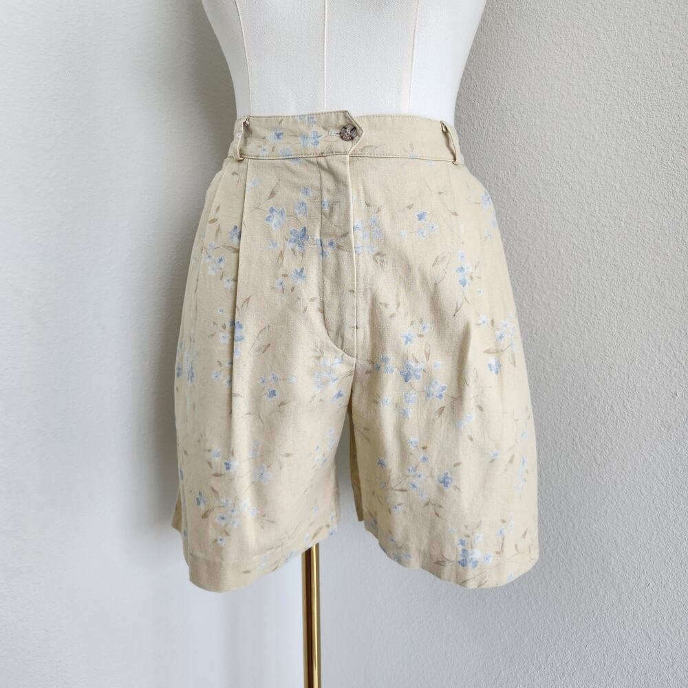 Vintage 90s Butter Yellow Floral High Waisted Pleated Linen Mom Shorts Tehama 8